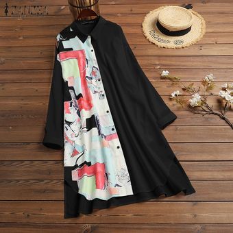Negro ZANZEA ocasional de las mujeres de moda imprimió el vestido floral de la túnica blusa superior de la camisa de vestir 