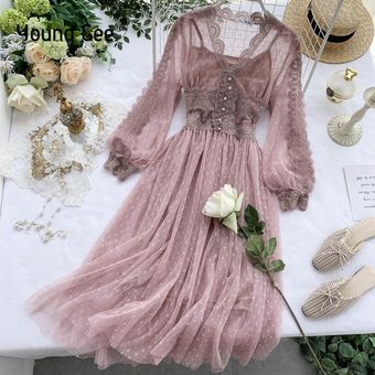 #Pink vestido de manga larga,mujer,encaje Floral,escote en V,lunares,con perlas,hilera de botones,bonito vestido de malla para mujer 