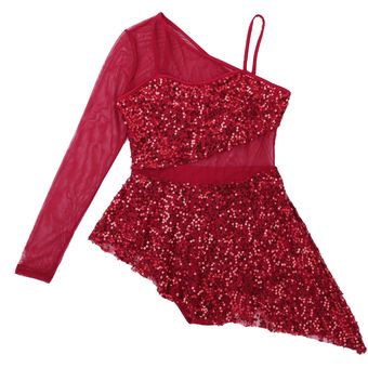 #Royal Blue trajes de baile contemporáneo lírico LAN Vestido de una sola manga larga con lentejuelas brillantes asimétrico adultos patinaje moderno baile de Ballet 