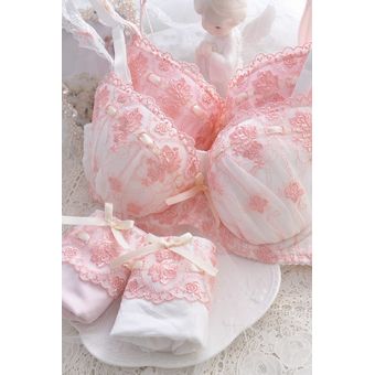 dulce Kawaii de gran tamaño ropa íntima para dormir 2 colores Conjunto de sujetador bonito y bragas de estilo japonés #Pink ropa interior suave para Hermanas 