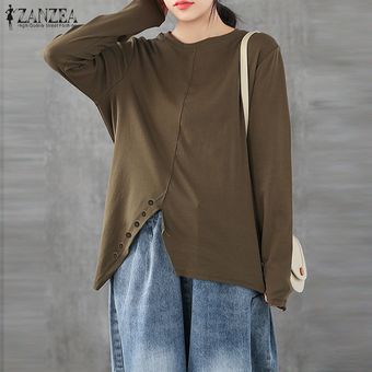 ZANZEA manga larga para mujer de la blusa asimétrica ocasional de la camisa de te floja Jumper Tops Pullover Marrón 