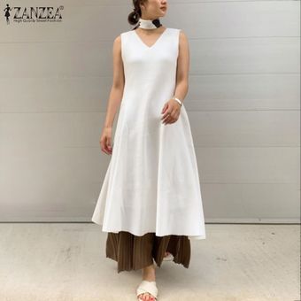 ZANZEA mangas para mujer vestido maxi largo remiendo maxi largo del vestido más el tamaño de Kaftan Blanco 