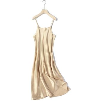Camisones de seda REAL de 100% para mujer,vestido de noche liso con tirantes finos de s #Champagne 