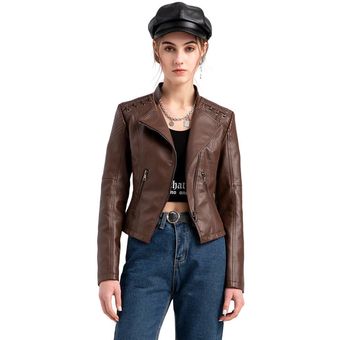 Quanss-Chaqueta de piel sintética para mujer abrigo corto de Moto, 