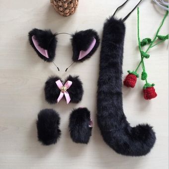 accesorios decoración para vestido de fiesta bandana de cola conjunto de Cosplay Cinta del pelo de felpa de gato para mujer Navidad y Halloween #black hd set 