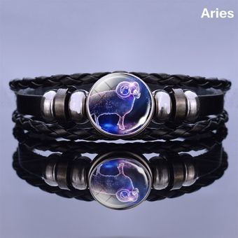 Joyería De Pulsera De Cuero De Cúpula De Vidrio Del Zodíaco 