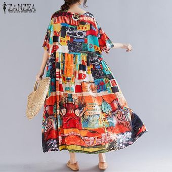 naranja ZANZEA verano de las mujeres ocasionales flojas Resumen de impresión de manga corta cuello O Maxi vestido más del tamaño 