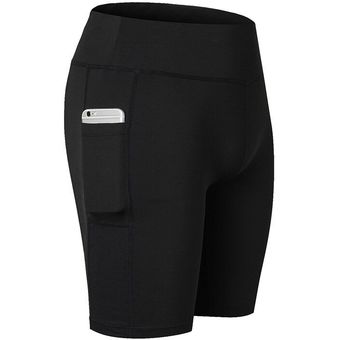 #1-Black pantalones cortos para correr para mujer,sólido de cintura alta,ropa de Fitness,pantalones cortos de Yoga del sudor con bolsillo,para motorista,6 colores 