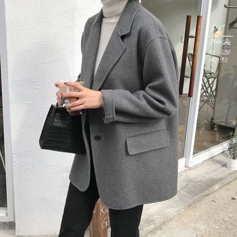 Chaqueta de lana gris de alta calidad para mujer traje corto corean 