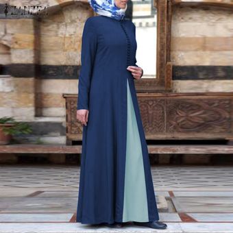 Botón ZANZEA mujeres musulmanes del vestido largo maxi camisa abajo remiendo de la manga larga Vestido de tirantes Azul 