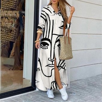 Vestido largo de camisa estampada de manga larga de moda para mujer-Blanco | México - GE598FA0XKJE7LMX