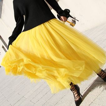 Falda Extra larga de malla de encaje Vintage para otoño e invierno,falda de expansión para mujer de tul amarillo,cintura elástica,faldas de viaje de playa con bolas grandes #Yellow 