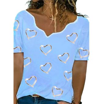 La camiseta de las mujeres del verano del corazón Impreso lindo manga corta irregular Camiseta de cuello Azul 