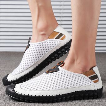 Verano Zapatos de malla transpirables de cuero hechos a mano de gran tamaño Zapatos de vadeo al aire libre Blanco 