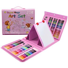Set Kit Arte Niños Maleta Crayon Acuarela Plumon 208 Piezas Rosado