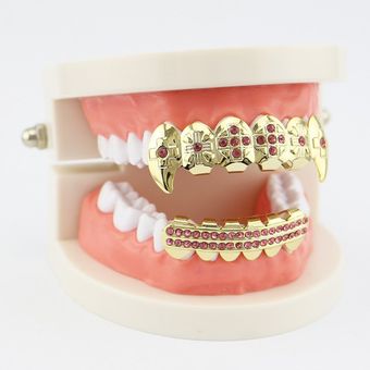 Dientes de dientes de color oro Hip Hop Top e inferiores dientes de la parrilla de la moda del diente de metal 