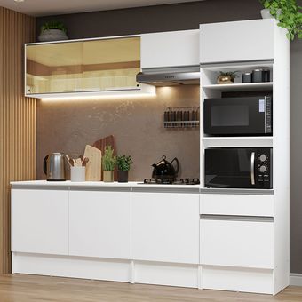 Una moderna cocina blanca con unidades blanco integral de acero