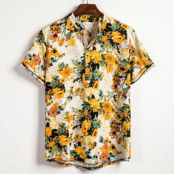 #Style 1 Camisa de manga corta de lino de botones para hombres,blus 