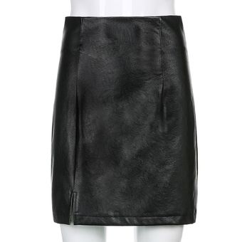 falda Sex Iamhotty-minifalda de cuero negro con abertura para mujer 