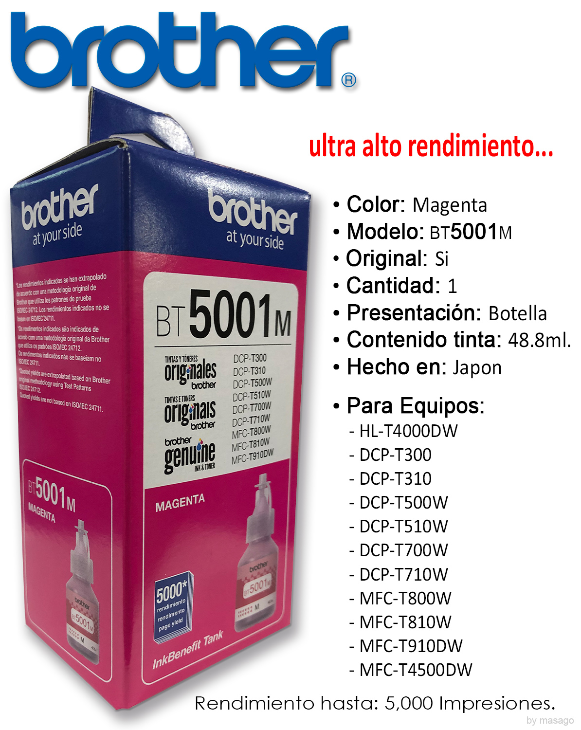 Combo 3 Botella Tinta Brother 1 BT5001c 1 BT5001m 1 BT5001y Originales