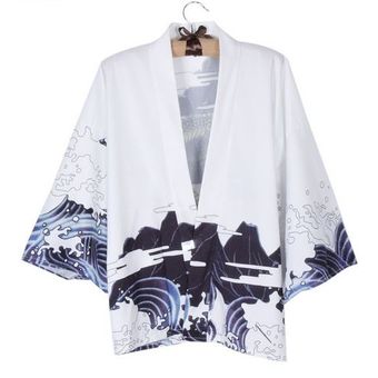 Kimono Cardigan Verano Vestido Japones Dama Chifon Dragon Color Blanco 