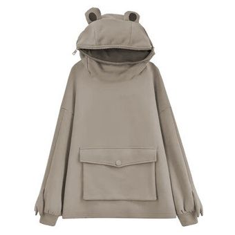 #Brown Sudadera con capucha de estilo Harajuku para mujer  jersey de ranas con capucha informal  sudadera holgada con bordado  ropa para decoración de muñecas  invierno  otoño 