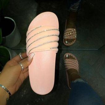 Zapatillas con cuentas rosas chanclas de Color caramelo para mujer WOT Sandalias planas informales de mujer #Pink zapatillas de playa con diamantes brillantes 