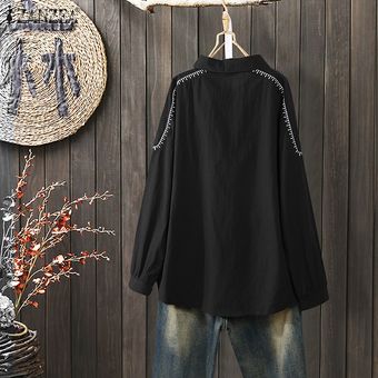 Negro Collar ZANZEA Mujeres camiseta de manga larga de lino de algodón de la blusa del botón del bordado top de la camisa Tamaño 