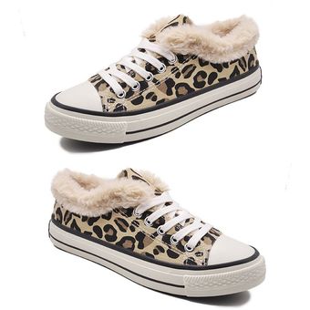 Zapatillas de nieve de lona de moda para mujer Leopardo imprime zapatillas de deporte resistentes al desgaste 