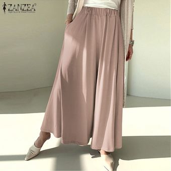 Rosa Pantalones para mujer ZANZEA elástico de la cintura Tamaño Culottes Palazzo plisadas señoras Pantalones Plus 