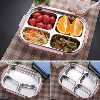 Acero inoxidable con aislamiento térmico almuerzo Bento Box envase de alimento-Pink-4 grids 
