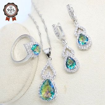 Blue Rainbow Cubic Zirconia Silver Woman Jewelry Set Collar 