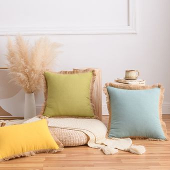 Funda de almohada de lino y algodón para sofá cojín con borlas lumb 