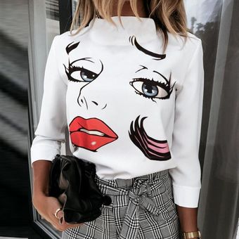Blusa con estampado de labios para otoño  camisa elegante con estamp.. 