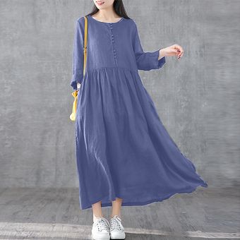 Encuadre de cuerpo entero Kaftan Maxi vestido de manga larga de algodón llano Abaya ZANZEA A-Line Azul claro 