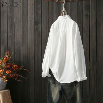 Blanco ZANZEA Womne manga larga blusa de algodón Casual botón flojo camiseta top de ropa de trabajo de oficina 
