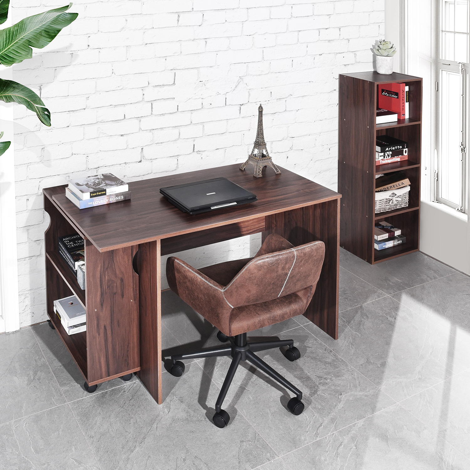 Mesa de estudio Essential Keiä con estante móvil marrón Vintage
