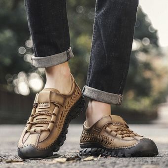 Verano Nuevo Cuero Tamaño grande Sandalias para hombre Zapatos de viaje al aire libre Senderismo Calzado Marrón 