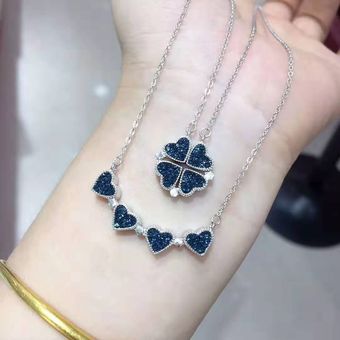 Trébol de cuatro hojas collar de las niñas y la mujer doble cara collar de la clavícula Platinum Azul Rojo 43cm 