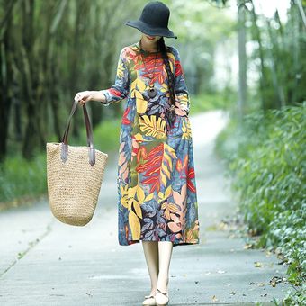 Vestido de impresión floral de las mujeres de manga larga con bolsillo vestido casual pliegue largo 