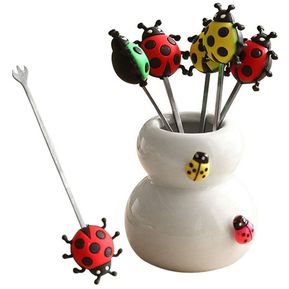 Creative Stainless Steel Fruit Forks Holder Cute Ladybird Design