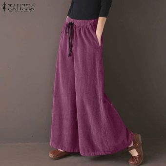 ZANZEA mujeres feas llamarada pierna ancha pantalones de pana elástico de la cintura Pantalón chino Púrpura 