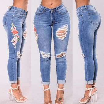 Moda Jeans Mujer Talla Extra Ajustados Pantalon De Mezclilla Azul