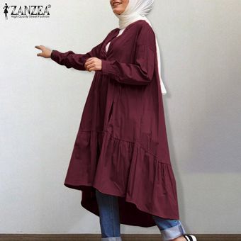 Vino rojo ZANZEA Mujeres Musulmanas Abaya Jilbab Midi camisa bolsillos vestido de las colmenas remata la blusa Jumper 