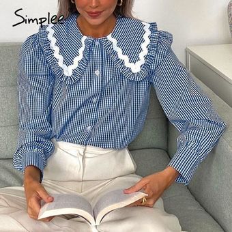 Simplee-Camisa a cuadros azules Vintage para mujer  Blusa de algodón.. 