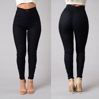 Pantalones damas de cintura alta estiramiento de color sólido medias jeans pantalones de lápiz delgado 