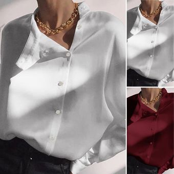 ZANZEA la venta de separación Mujeres camiseta del collar del soporte de gran tamaño Tops Plain botones de la blusa de Down Plus Rojo 