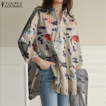 Beige Camisa de cuello floral ZANZEA vendimia de las mujeres de manga larga Tops botón blusa ocasional 