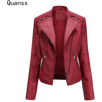 Quanss-Chaqueta de piel sintética para mujer abrigo corto de Moto, 