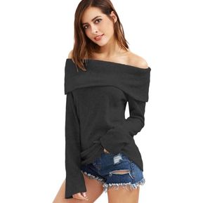 Sexy Off Shoulder Boat Neck Sweater Popular Female Shirts For Winter Autumn Black